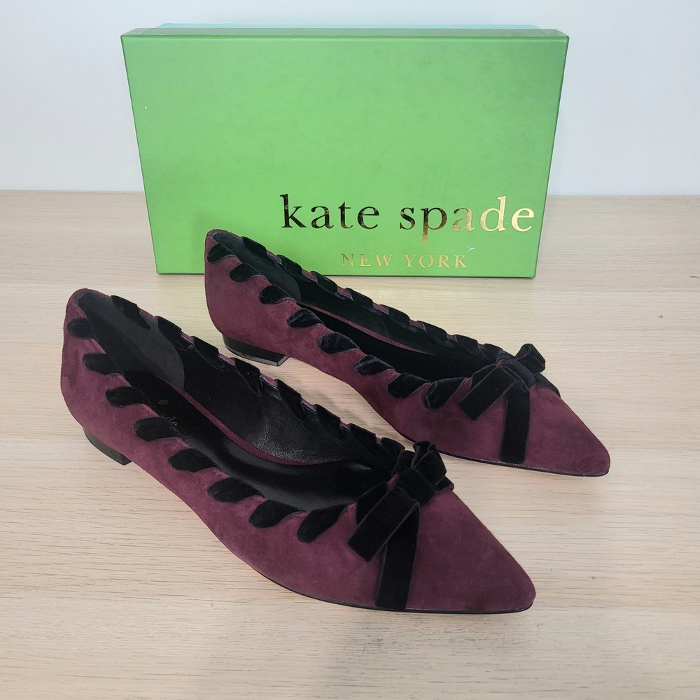 Kate Spade Kalani Suede Flats Cherry Burgundy Red Purple Black Bow Point Shoes 8